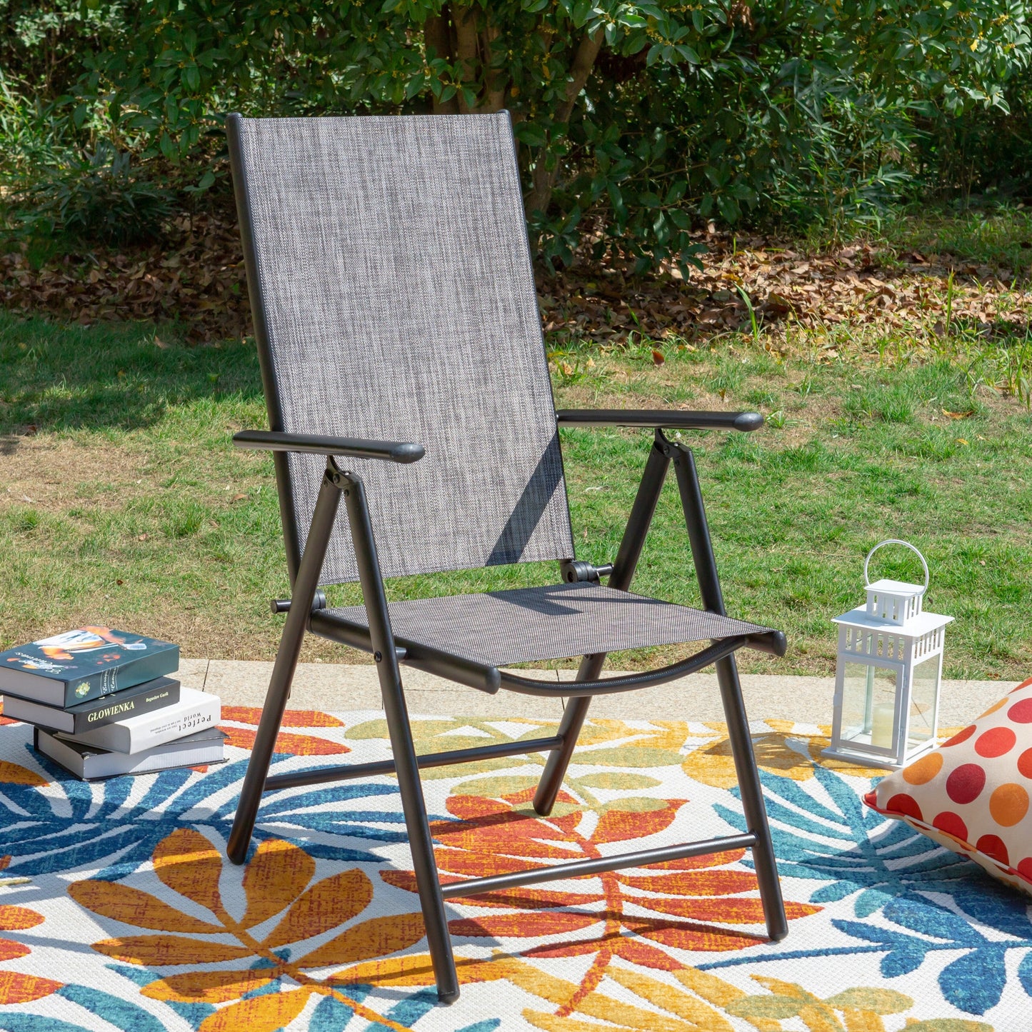 Set da pranzo per patio da 9 pezzi, tavolo in metallo e sedie da pranzo pieghevoli con 7 livelli di regolazione