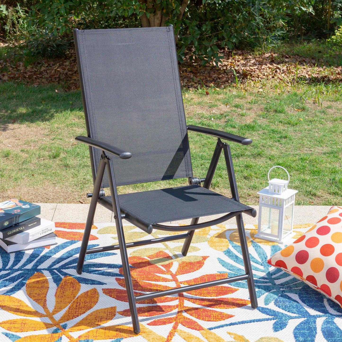 Set da pranzo per patio da 9 pezzi, tavolo in metallo e sedie da pranzo pieghevoli con 7 livelli di regolazione