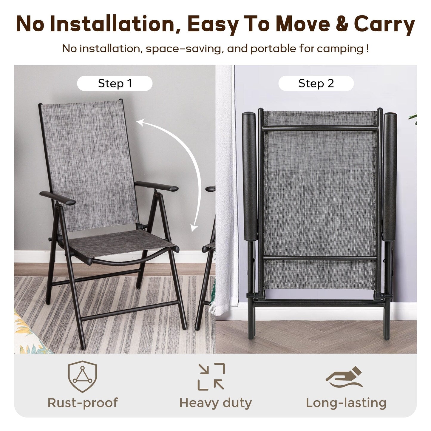 Set da pranzo per patio da 9 pezzi, tavolo in metallo e sedie da pranzo pieghevoli con 7 livelli di regolazione