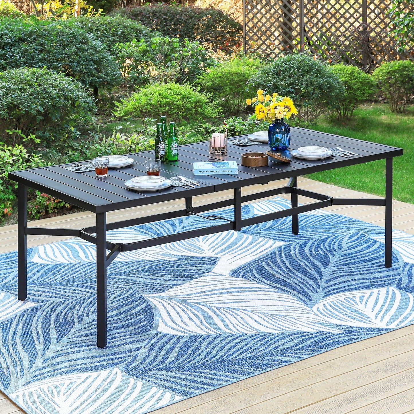 Set da pranzo per patio da 9 pezzi, tavolo in metallo e sedie da pranzo pieghevoli con 7 livelli di regolazione