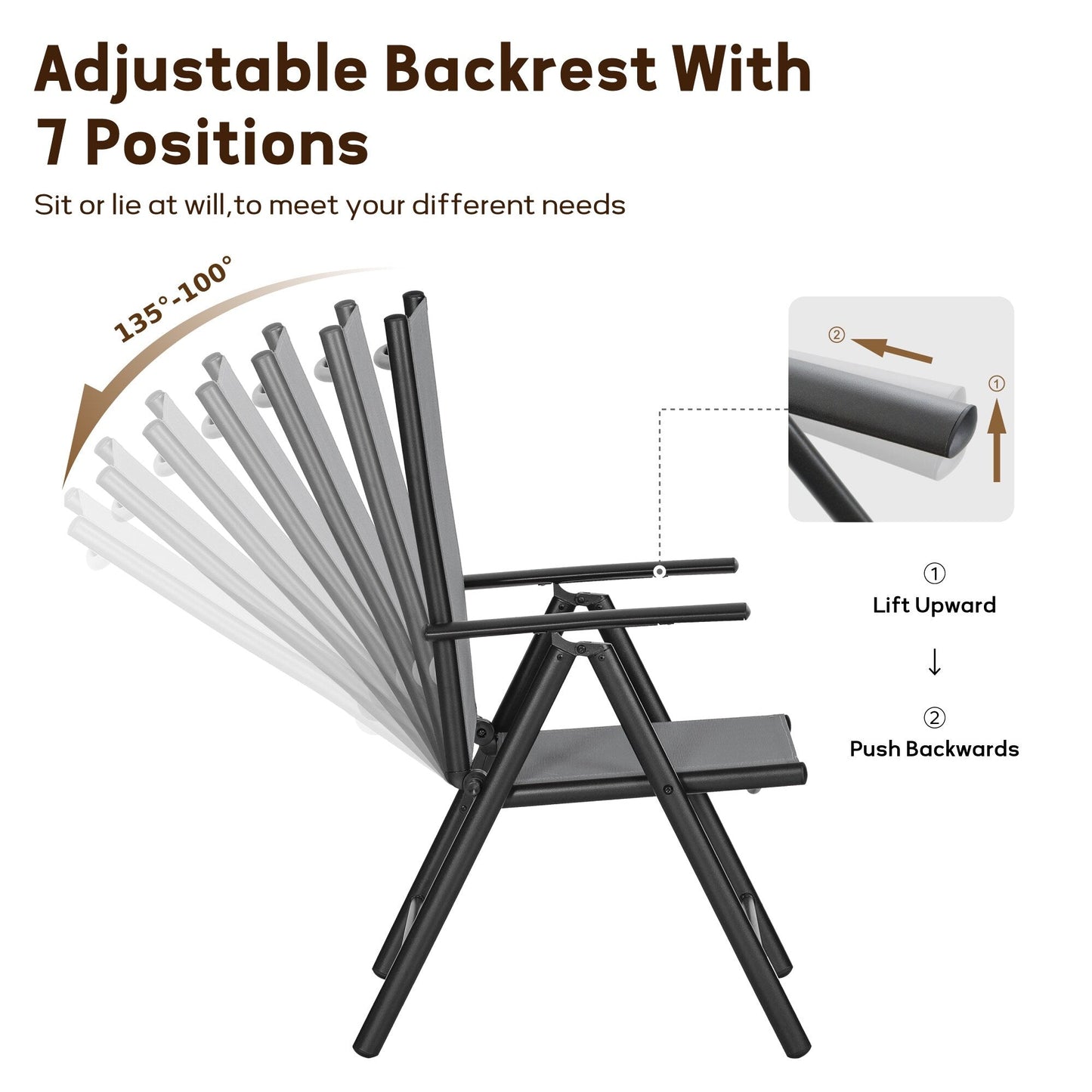 Set da pranzo per patio da 9 pezzi, tavolo in metallo e sedie da pranzo pieghevoli con 7 livelli di regolazione