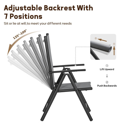 Set da pranzo per patio da 9 pezzi, tavolo in metallo e sedie da pranzo pieghevoli con 7 livelli di regolazione