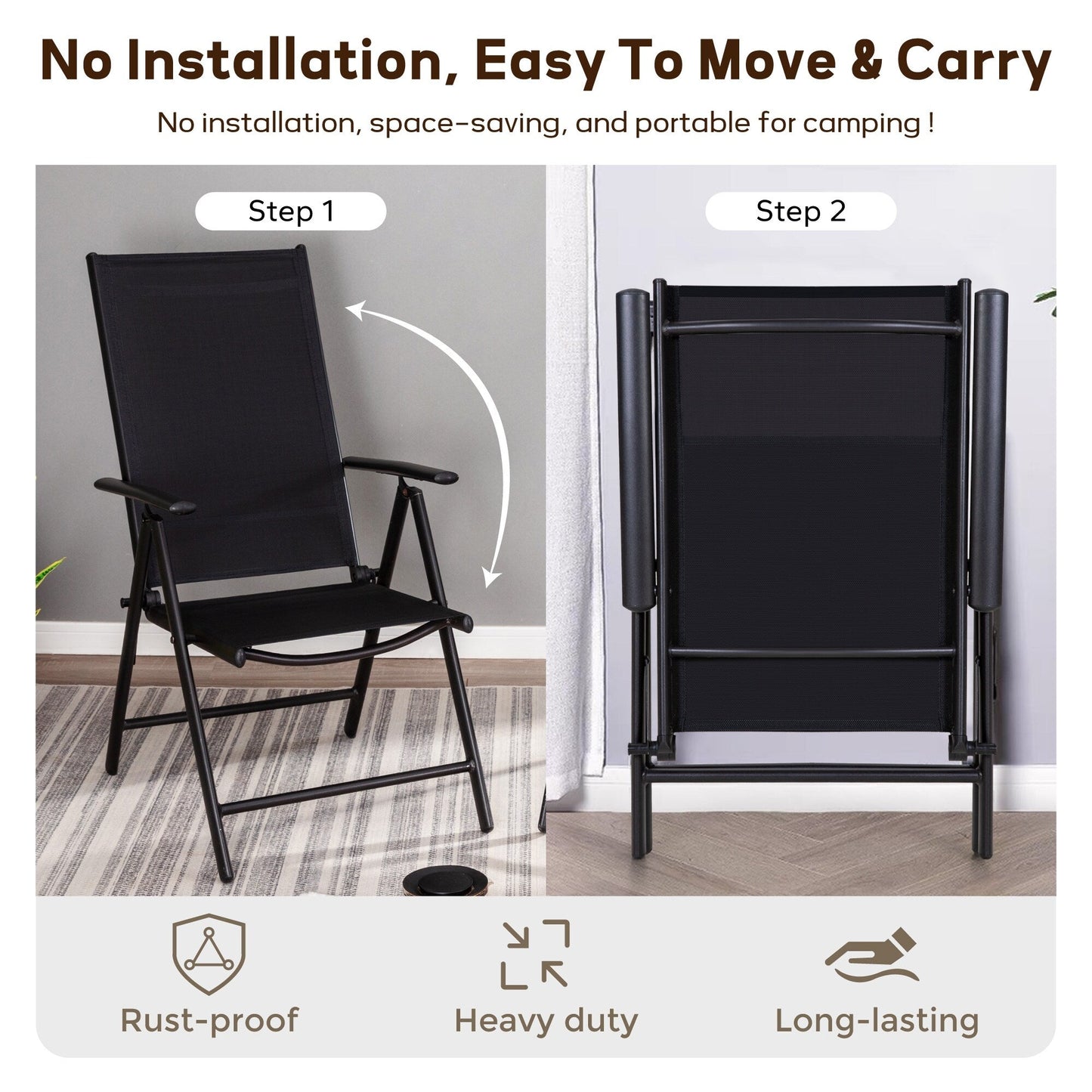 Set da pranzo per patio da 9 pezzi, tavolo in metallo e sedie da pranzo pieghevoli con 7 livelli di regolazione