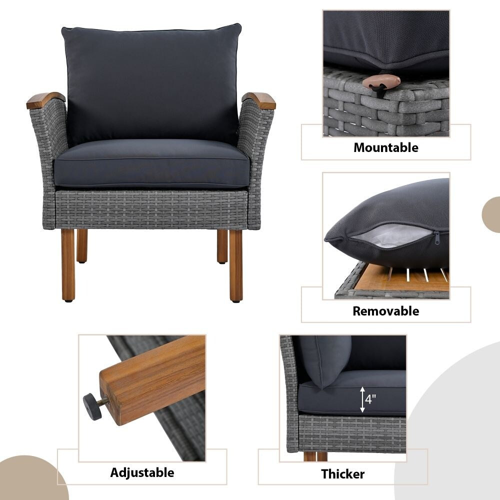 Set di mobili da giardino in rattan da 9 pezzi, set da conversazione all'aperto con gambe in legno di acacia e piano del tavolo