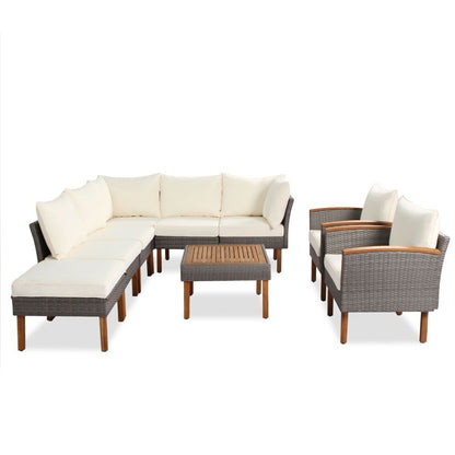 Set di mobili da giardino in rattan da 9 pezzi, set da conversazione all'aperto con gambe in legno di acacia e piano del tavolo
