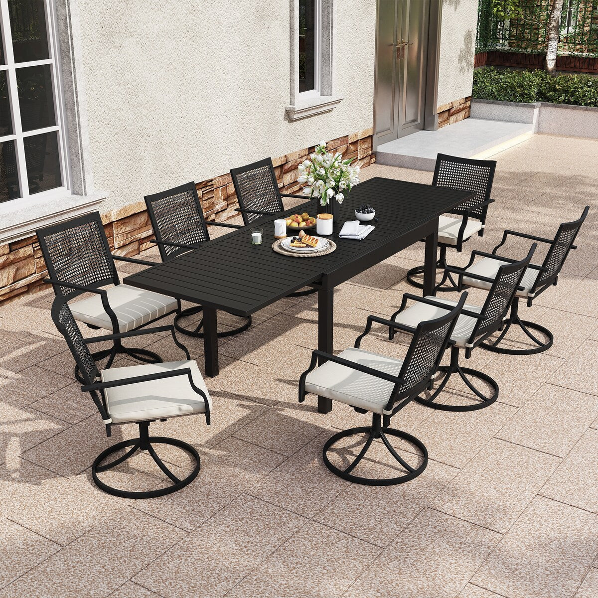 Set da pranzo per esterni da 9 pezzi con tavolo da pranzo estensibile