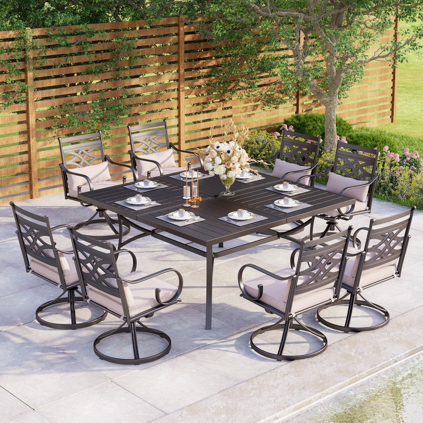MAISON ARTS Set da pranzo per esterni da 9 pezzi per tavolo da pranzo quadrato in metallo da 8,60 e sedie da pranzo in acciaio con cuscino