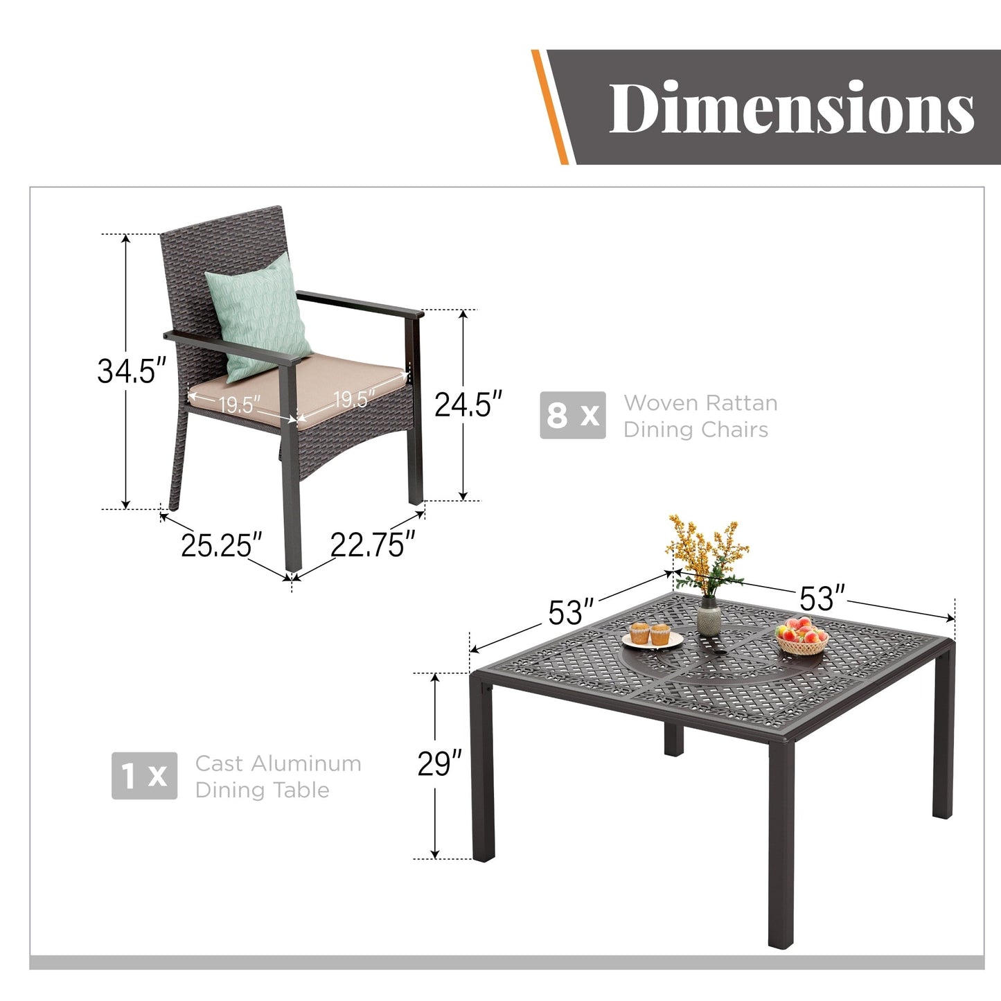 Set da pranzo per patio da 9 pezzi, set di mobili da pranzo in vimini e rattan per esterni con foro per ombrellone