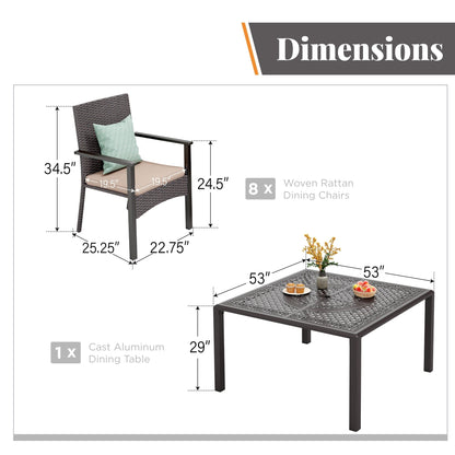 Set da pranzo per patio da 9 pezzi, set di mobili da pranzo in vimini e rattan per esterni con foro per ombrellone