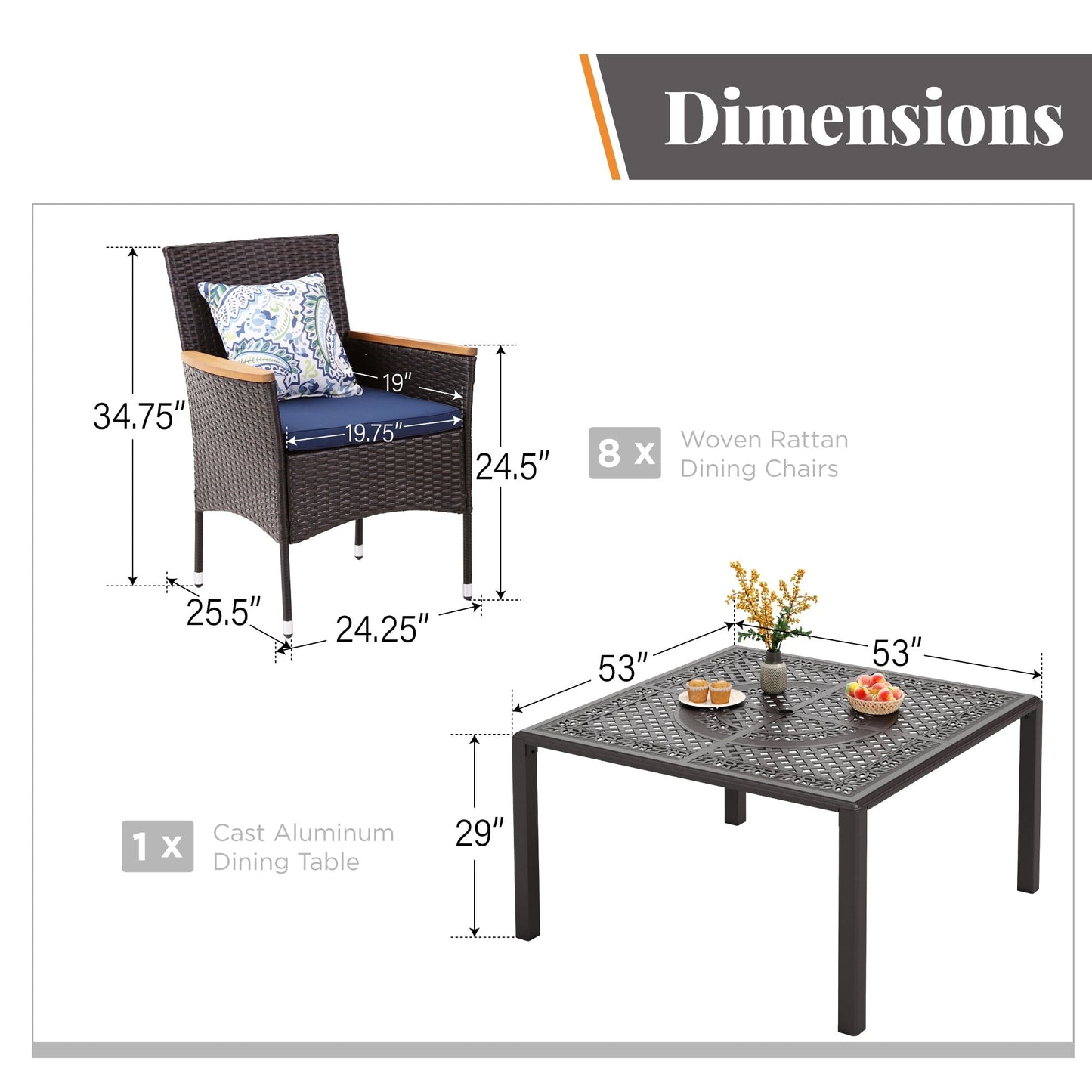 Set da pranzo per patio da 9 pezzi, set di mobili da pranzo in vimini e rattan per esterni con foro per ombrellone