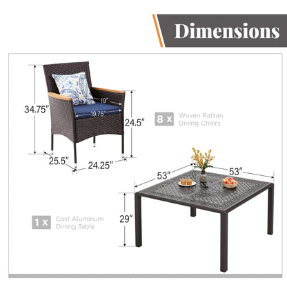 Set da pranzo per patio da 9 pezzi, set di mobili da pranzo in vimini e rattan per esterni con foro per ombrellone