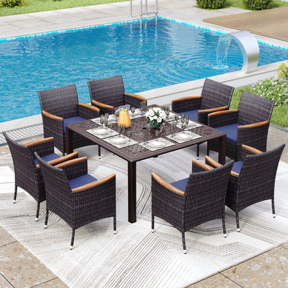 Set da pranzo per patio da 9 pezzi, set di mobili da pranzo in vimini e rattan per esterni con foro per ombrellone