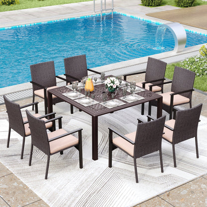 Set da pranzo per patio da 9 pezzi, set di mobili da pranzo in vimini e rattan per esterni con foro per ombrellone