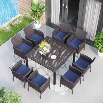Set da pranzo per patio da 9 pezzi, set di mobili da pranzo in vimini e rattan per esterni con foro per ombrellone