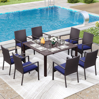Set da pranzo per patio da 9 pezzi, set di mobili da pranzo in vimini e rattan per esterni con foro per ombrellone