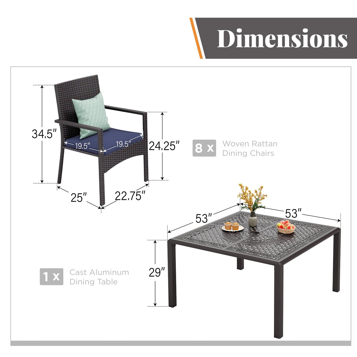 Set da pranzo per patio da 9 pezzi, set di mobili da pranzo in vimini e rattan per esterni con foro per ombrellone