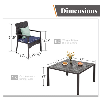 Set da pranzo per patio da 9 pezzi, set di mobili da pranzo in vimini e rattan per esterni con foro per ombrellone