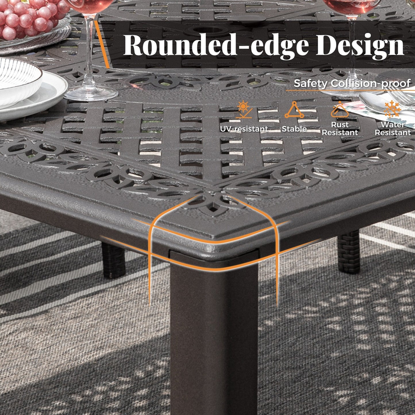 Set da pranzo per patio da 9 pezzi, set di mobili da pranzo in vimini e rattan per esterni con foro per ombrellone