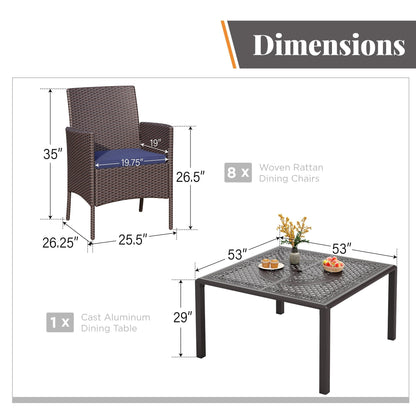 Set da pranzo per patio da 9 pezzi, set di mobili da pranzo in vimini e rattan per esterni con foro per ombrellone