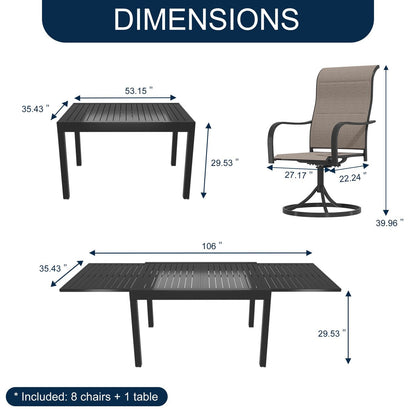 Set da pranzo da patio da 9 pezzi con tavolo da pranzo estensibile