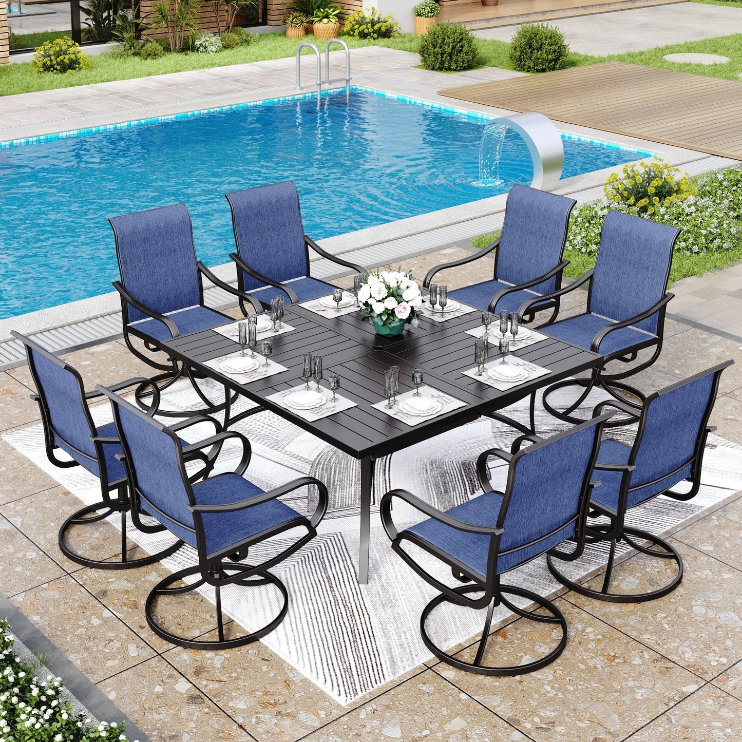 MAISON ARTS Set da pranzo per patio da 9 pezzi, tavolo quadrato in metallo da 60 pollici e sedie da pranzo con cinghie