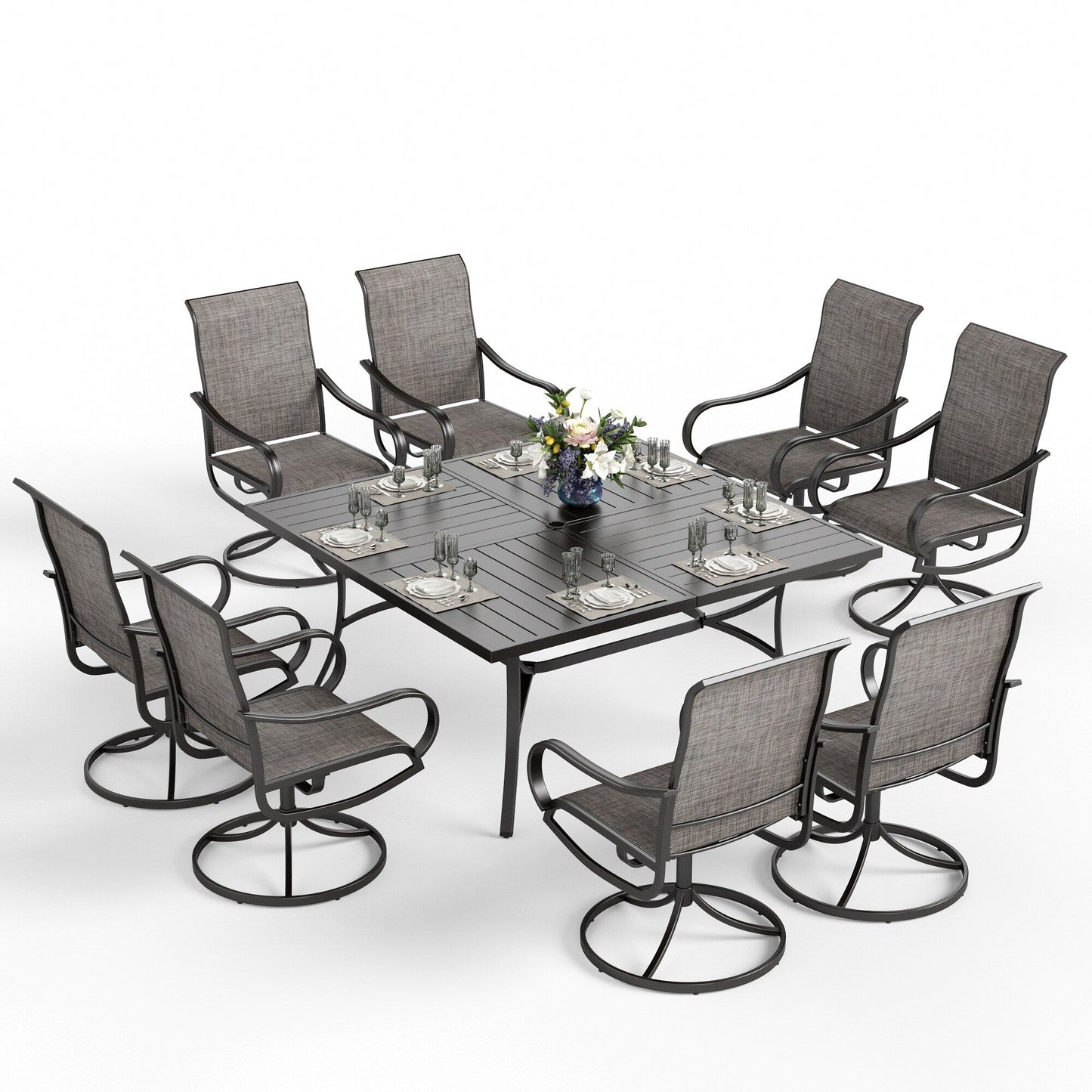 MAISON ARTS Set da pranzo per patio da 9 pezzi, tavolo quadrato in metallo da 60 pollici e sedie da pranzo con cinghie