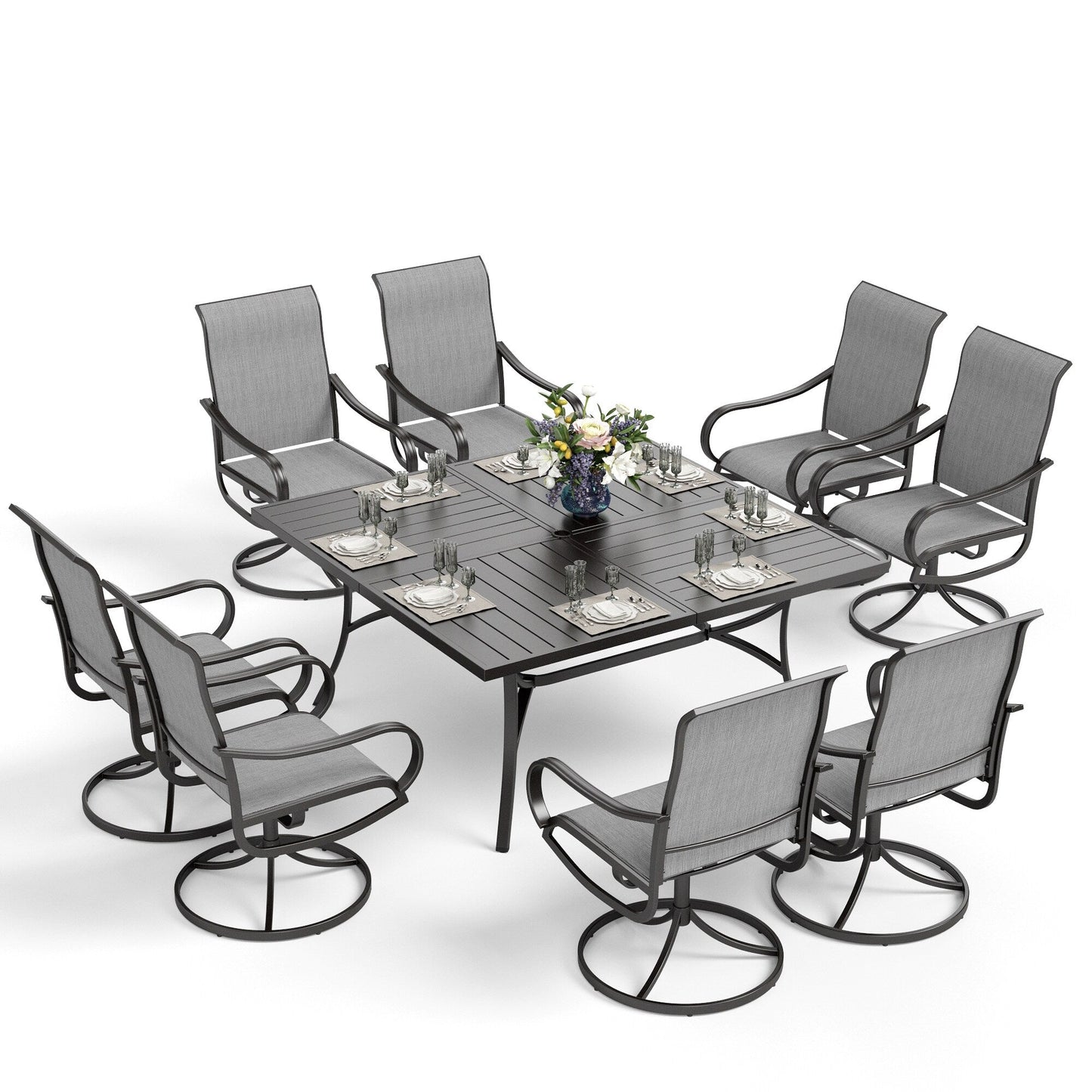 MAISON ARTS Set da pranzo per patio da 9 pezzi, tavolo quadrato in metallo da 60 pollici e sedie da pranzo con cinghie