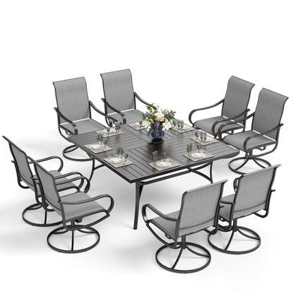 MAISON ARTS Set da pranzo per patio da 9 pezzi, tavolo quadrato in metallo da 60 pollici e sedie da pranzo con cinghie