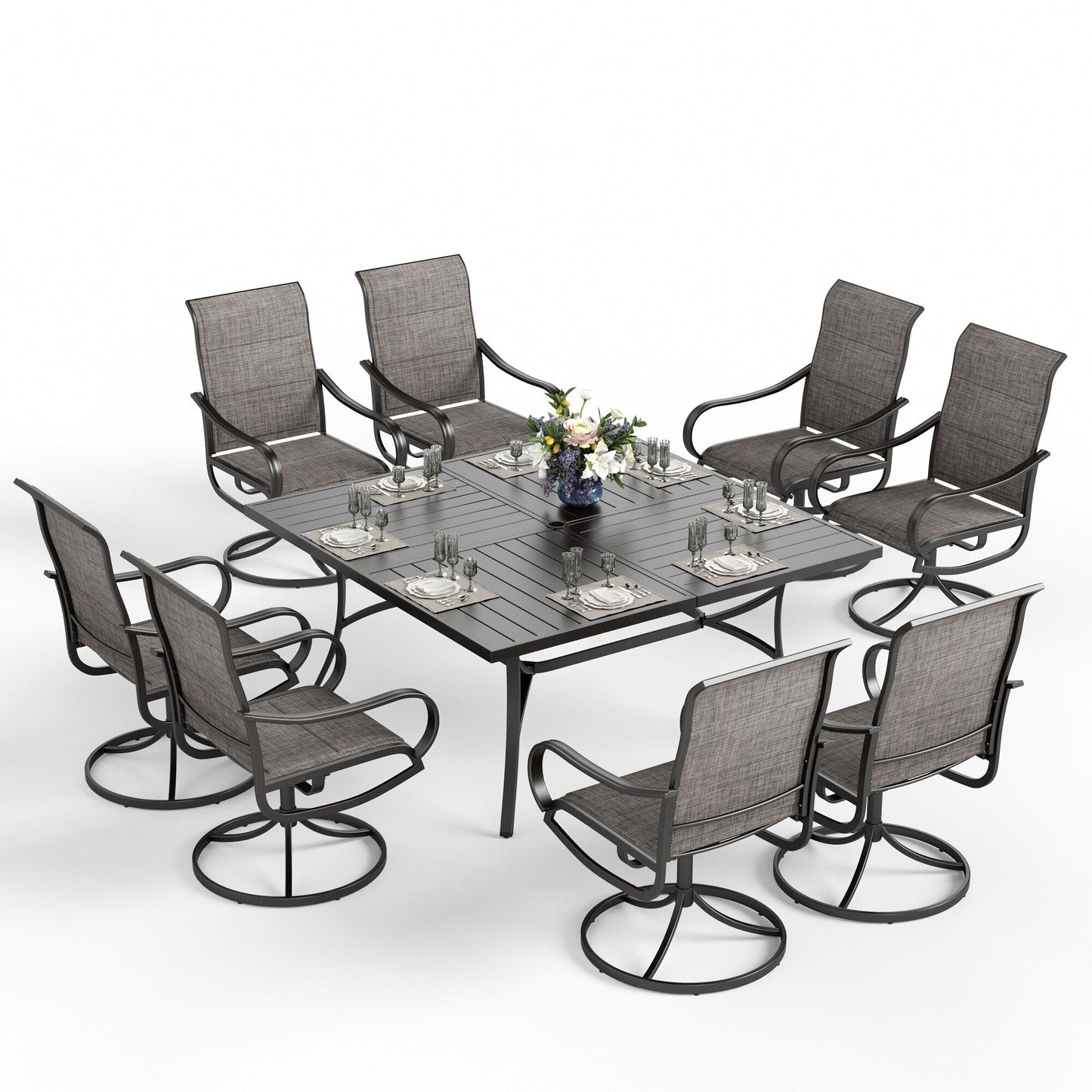 MAISON ARTS Set da pranzo per patio da 9 pezzi, tavolo quadrato in metallo da 60 pollici e sedie da pranzo con cinghie