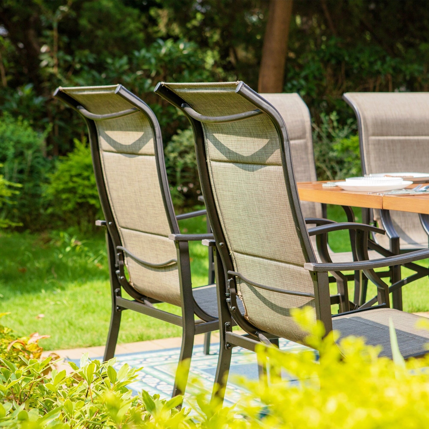 MAISON?ARTS Set da pranzo per patio da 9 pezzi, tavolo quadrato in metallo da 60 pollici e sedie a dondolo da pranzo con cinghie