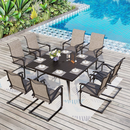 MAISON?ARTS Set da pranzo per patio da 9 pezzi, tavolo quadrato in metallo da 60 pollici e sedie a dondolo da pranzo con cinghie