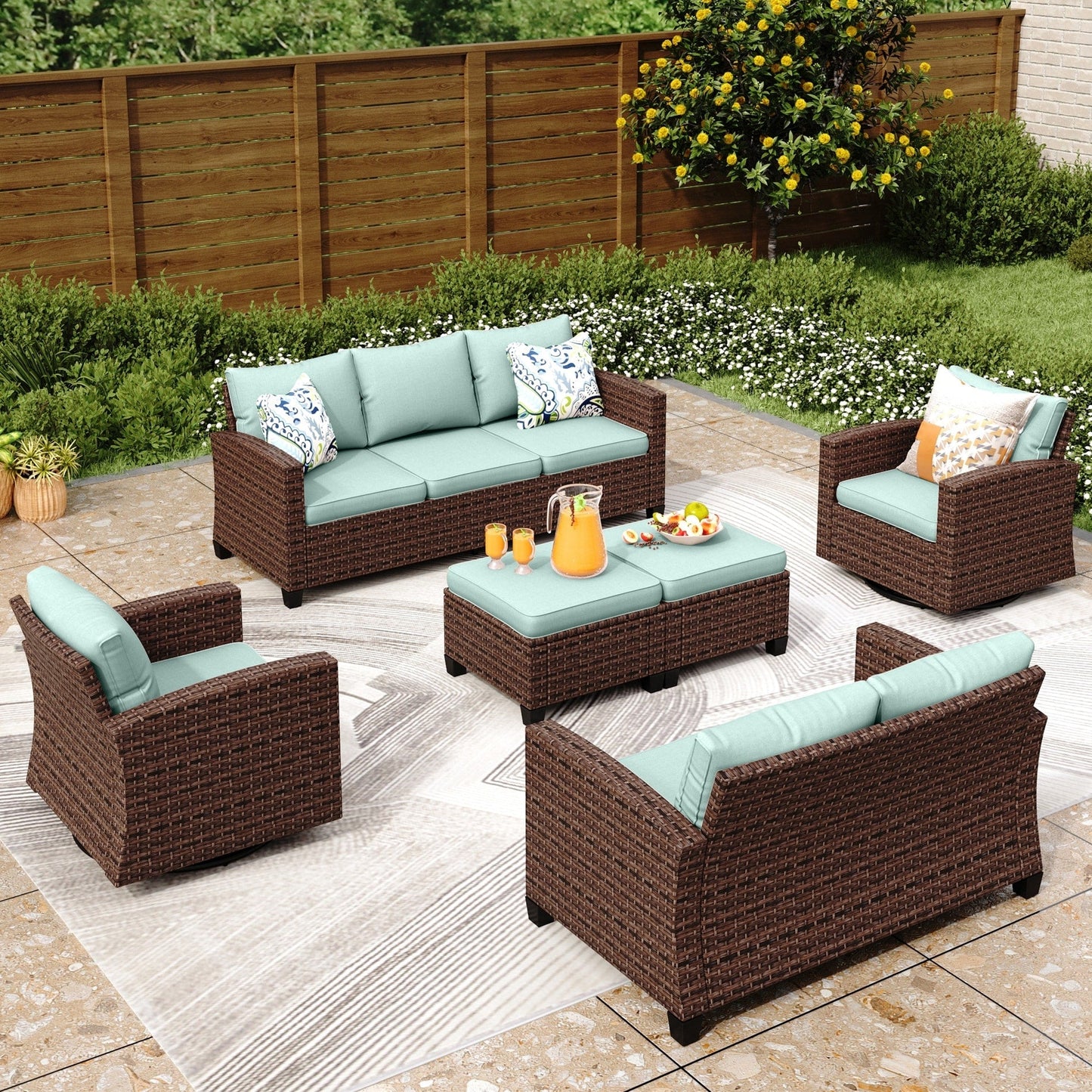 Divano componibile da esterno con schienale alto, set da conversazione, mobili da giardino in vimini e rattan, 9 posti, con tavolo e braciere