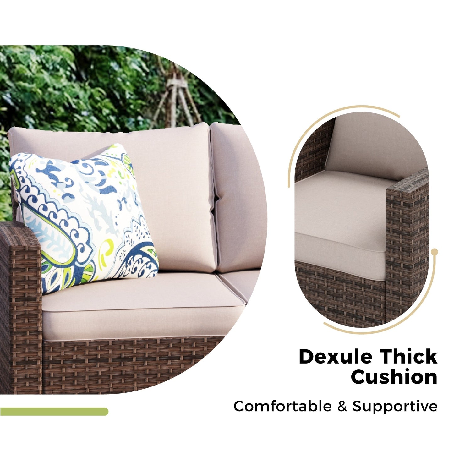 Divano componibile da esterno con schienale alto, set da conversazione, mobili da giardino in vimini e rattan, 9 posti, con tavolo e braciere