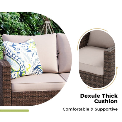 Divano componibile da esterno con schienale alto, set da conversazione, mobili da giardino in vimini e rattan, 9 posti, con tavolo e braciere