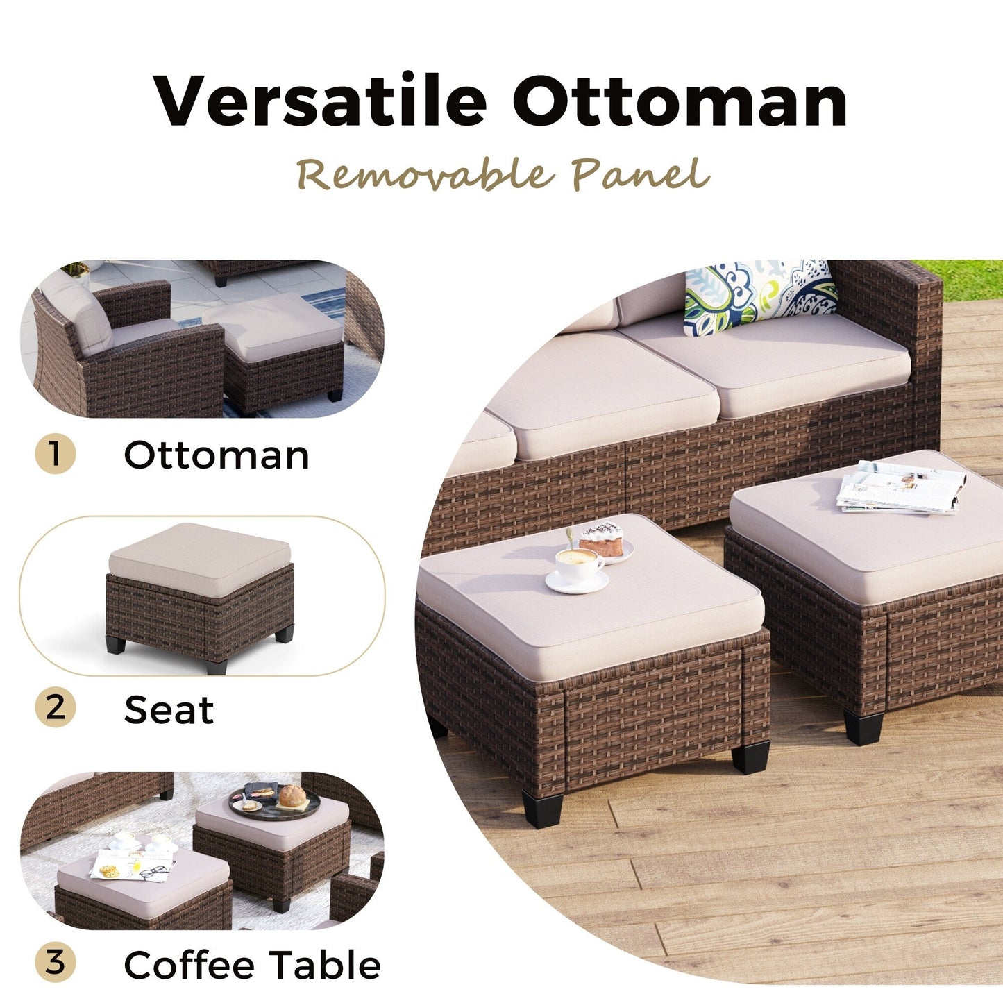 Divano componibile da esterno con schienale alto, set da conversazione, mobili da giardino in vimini e rattan, 9 posti, con tavolo e braciere