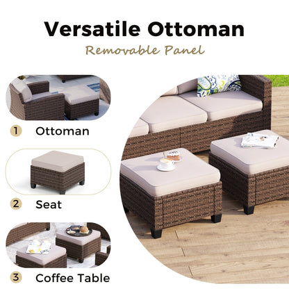 Divano componibile da esterno con schienale alto, set da conversazione, mobili da giardino in vimini e rattan, 9 posti, con tavolo e braciere