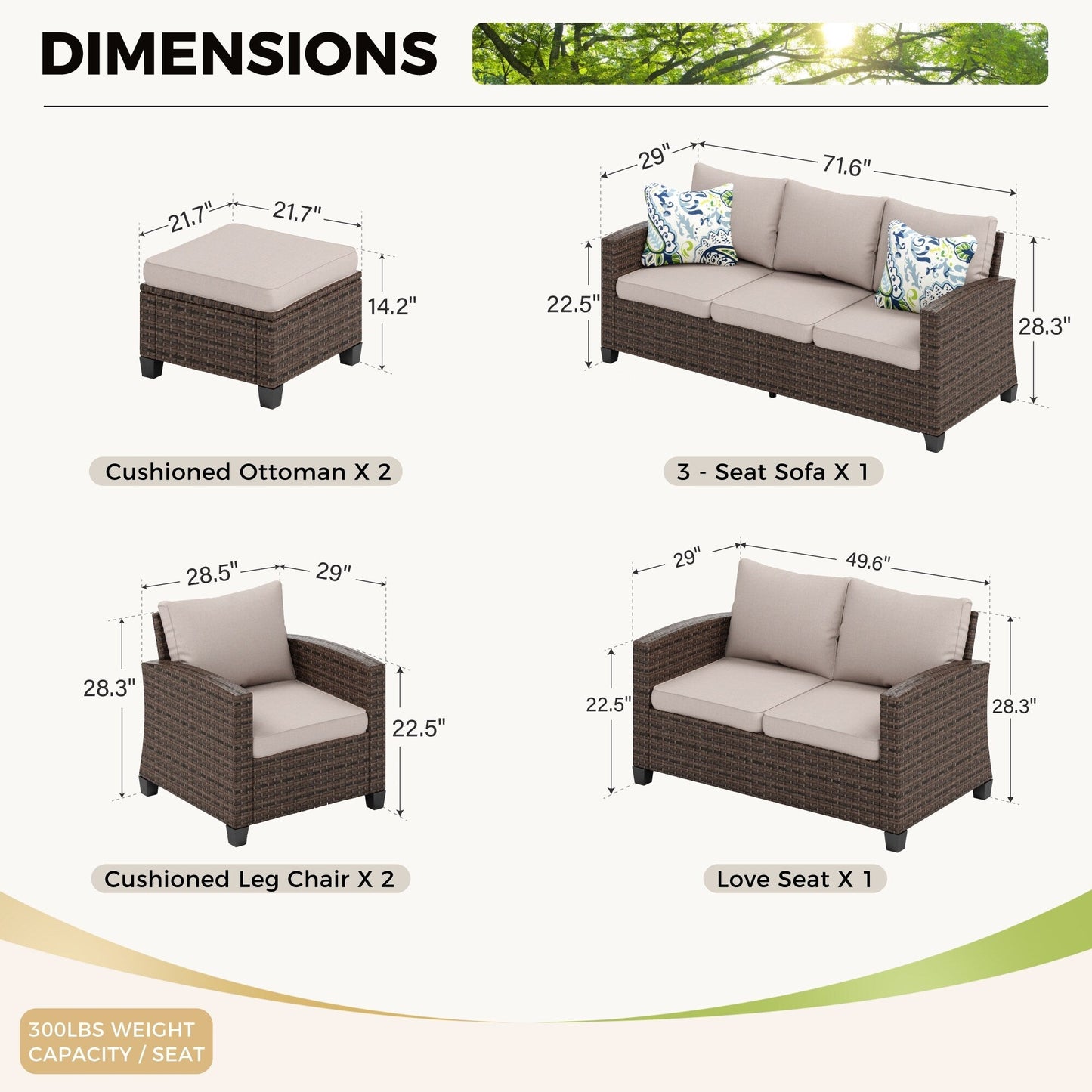 Divano componibile da esterno con schienale alto, set da conversazione, mobili da giardino in vimini e rattan, 9 posti, con tavolo e braciere