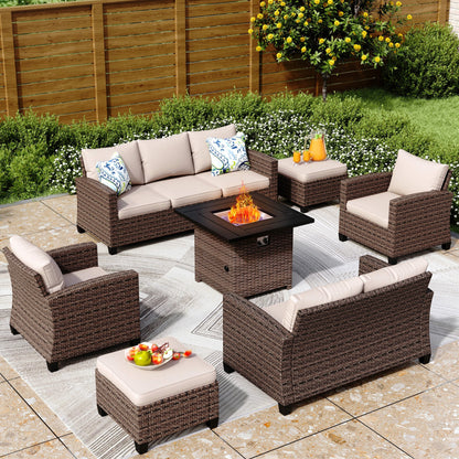 Divano componibile da esterno con schienale alto, set da conversazione, mobili da giardino in vimini e rattan, 9 posti, con tavolo e braciere