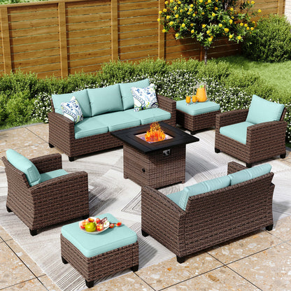 Divano componibile da esterno con schienale alto, set da conversazione, mobili da giardino in vimini e rattan, 9 posti, con tavolo e braciere