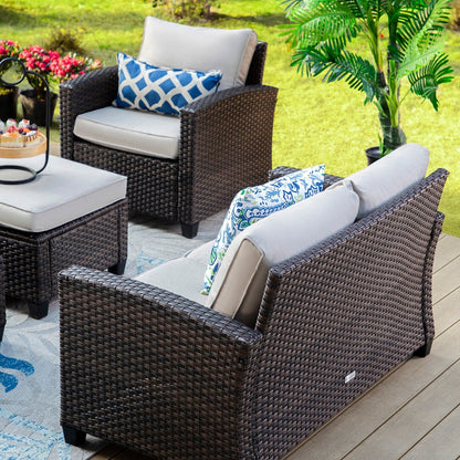 Divano componibile da esterno con schienale alto, set da conversazione, mobili da giardino in vimini e rattan, 9 posti, con tavolo e braciere