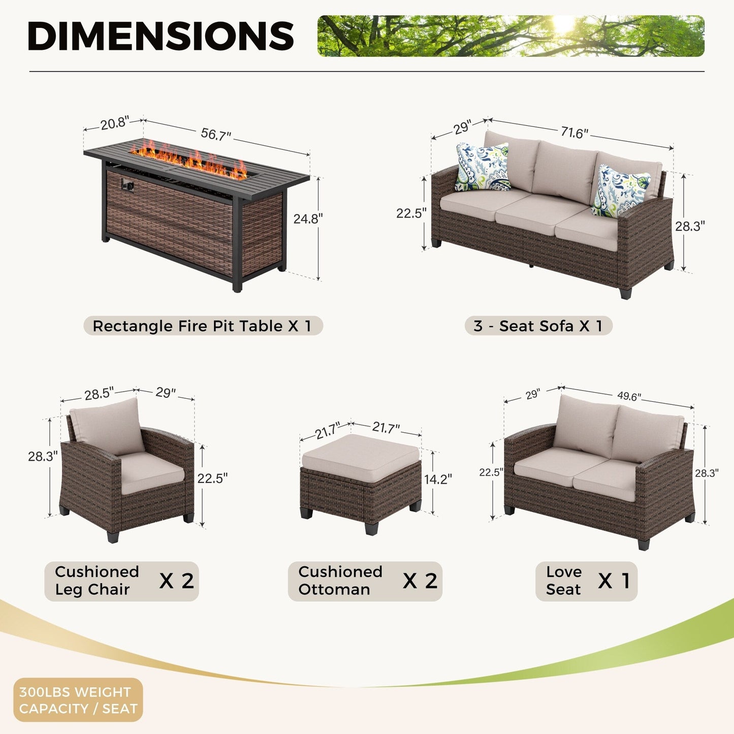 Divano componibile da esterno con schienale alto, set da conversazione, mobili da giardino in vimini e rattan, 9 posti, con tavolo e braciere