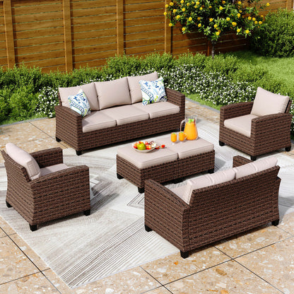 Divano componibile da esterno con schienale alto, set da conversazione, mobili da giardino in vimini e rattan, 9 posti, con tavolo e braciere