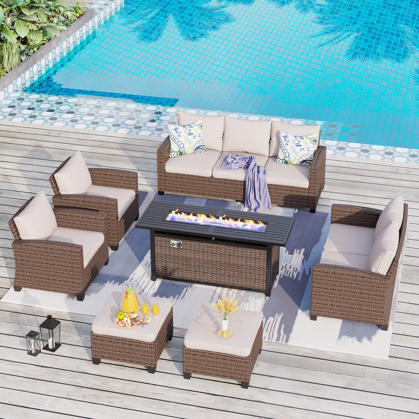 Divano componibile da esterno con schienale alto, set da conversazione, mobili da giardino in vimini e rattan, 9 posti, con tavolo e braciere