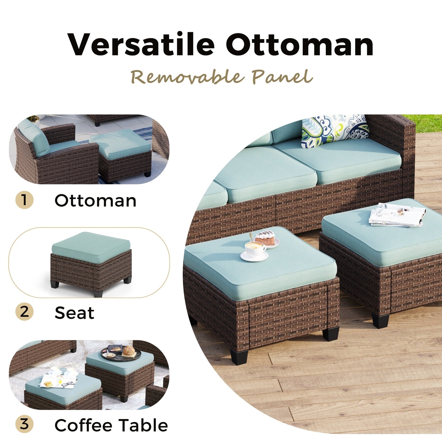 Divano componibile da esterno con schienale alto, set da conversazione, mobili da giardino in vimini e rattan, 9 posti, con tavolo e braciere