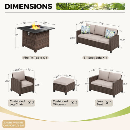 Divano componibile da esterno con schienale alto, set da conversazione, mobili da giardino in vimini e rattan, 9 posti, con tavolo e braciere