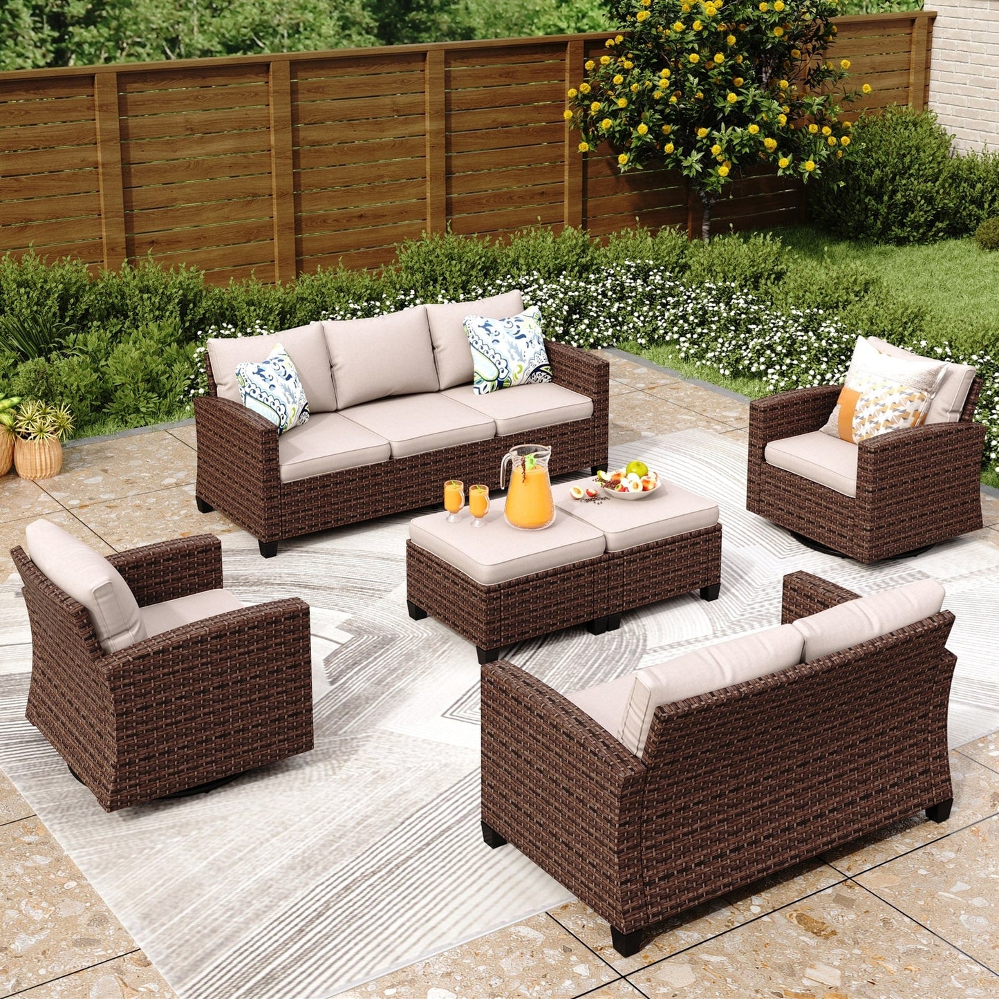 Divano componibile da esterno con schienale alto, set da conversazione, mobili da giardino in vimini e rattan, 9 posti, con tavolo e braciere