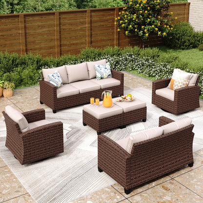 Divano componibile da esterno con schienale alto, set da conversazione, mobili da giardino in vimini e rattan, 9 posti, con tavolo e braciere