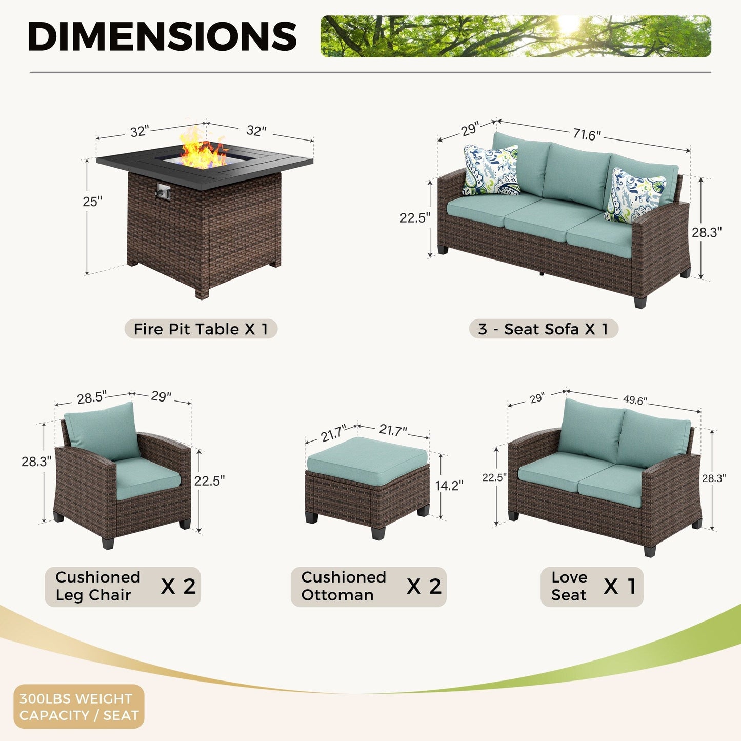 Divano componibile da esterno con schienale alto, set da conversazione, mobili da giardino in vimini e rattan, 9 posti, con tavolo e braciere