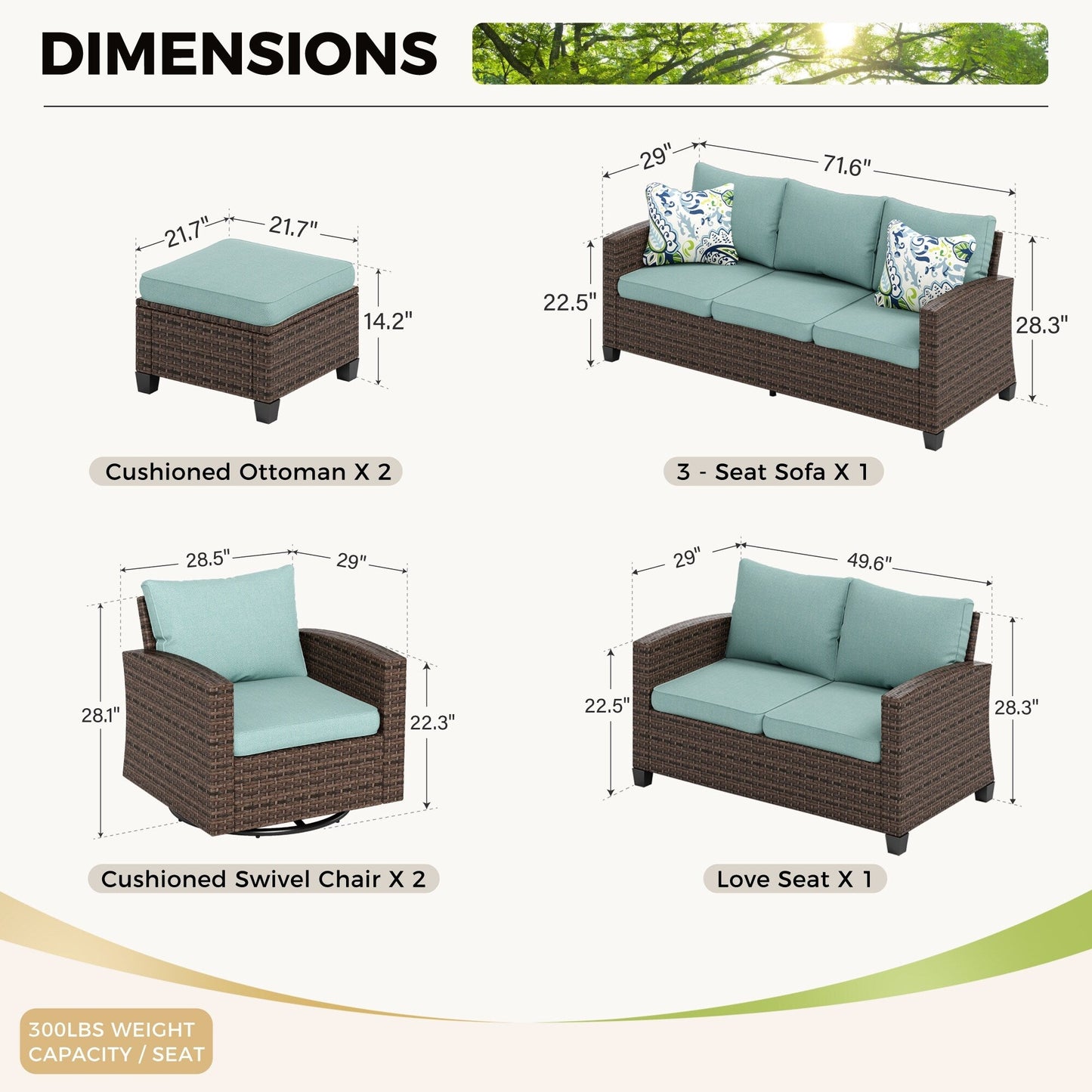 Divano componibile da esterno con schienale alto, set da conversazione, mobili da giardino in vimini e rattan, 9 posti, con tavolo e braciere