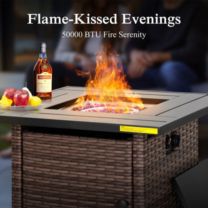 Divano componibile da esterno con schienale alto, set da conversazione, mobili da giardino in vimini e rattan, 9 posti, con tavolo e braciere